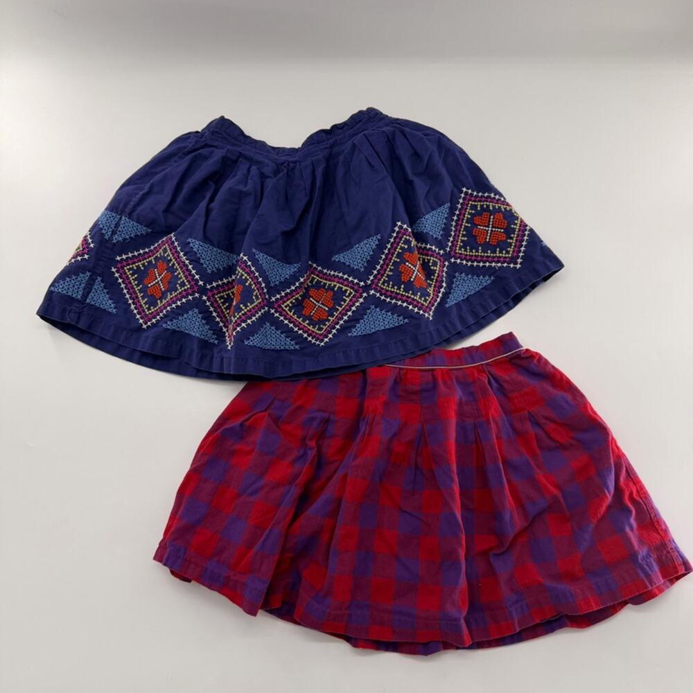 Mini Boden Girl’s Skirt Bundle Blue Embroidered Skirt and Purple Red Plaid 9/10